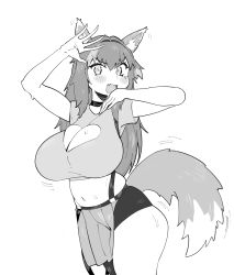 Rule 34 | animal ears, belt, blush, breasts, choker, cleavage, cleavage cutout, clothing cutout, crop top, ear wiggle, fang, fox ears, fox girl, fox tail, greyscale, gs16 (chug), hands up, heart, highres, huge breasts, indie virtual youtuber, jourjii, loincloth, long hair, monochrome, motion lines, muffin top, shirt, shorts, skindentation, strap, tail, thick thighs, thighs, virtual youtuber, wide hips