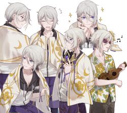 Rule 34 | 6+boys, blue eyes, blush, character sheet, csyday, fate/grand order, fate (series), flower, hair between eyes, hair flower, hair ornament, hawaiian shirt, hibiscus, holding, holding mask, instrument, m&amp;m (mickey and mackey), male focus, mask, unworn mask, multiple boys, multiple persona, multiple views, pout, prince of lan ling (fate), prince of lan ling (festival outfit) (fate), shirt, short ponytail, silver hair, sparkle, sunglasses, towel, towel around neck, ukulele