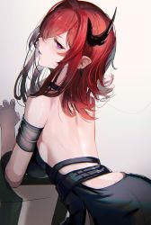 Rule 34 | absurdres, arched back, arknights, arm strap, back, backless dress, backless outfit, bare back, black dress, breasts, dress, duplicate, earrings, from behind, hair over one eye, highres, hiyaori (hiyahiyaval), horns, jewelry, large breasts, leaning back, long hair, looking at viewer, looking back, parted lips, purple eyes, red hair, sideboob, simple background, solo, surtr (arknights), white background