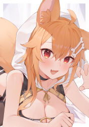 Rule 34 | 1girl, :d, absurdres, ahoge, animal ear fluff, animal ears, bare arms, bare shoulders, black skirt, bone hair ornament, breasts, cartoon bone, cleavage, commentary request, curtains, fang, hair between eyes, hair ornament, highres, large breasts, looking at viewer, open mouth, orange hair, original, red eyes, skirt, smile, solo, tail, toki (1243309499)
