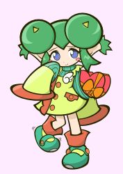 Rule 34 | 1girl, bad id, bad pixiv id, blue eyes, double bun, full body, gift, green hair, hair bun, hands in opposite sleeves, horns, lidelle (puyopuyo), official style, overalls, pointy ears, puyopuyo, puyopuyo fever, sashisaki ryuunoshin, shoes, short hair, shy, skirt, sleeves past wrists, smile, solo, white background