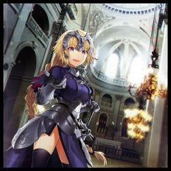 Rule 34 | 1girl, armor, bad id, bad pixiv id, black border, blonde hair, border, braid, capelet, character name, church, fate/apocrypha, fate/grand order, fate (series), faulds, gauntlets, hands on hilt, headpiece, indoors, jeanne d&#039;arc (fate), jeanne d&#039;arc (ruler) (fate), kyo zip, long hair, purple eyes, single braid, solo, sword, thighhighs, very long hair, weapon