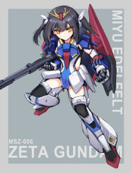 Rule 34 | 1girl, armor, beam rifle, black hair, character name, clenched hand, commentary, cosplay, crossover, energy gun, english text, fate/kaleid liner prisma illya, fate (series), full body, grey background, gundam, highres, leotard, long hair, looking at viewer, mecha musume, miyu edelfelt, serious, shield, sidelocks, solo, taro (ultrataro), twintails, v-fin, weapon, yellow eyes, zeta gundam, zeta gundam (mobile suit), zeta gundam (mobile suit) (cosplay)