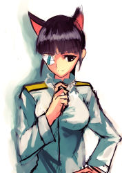 Rule 34 | 1girl, animal ears, bad id, bad pixiv id, black eyes, black hair, dog ears, eyepatch, long hair, long sleeves, military, military uniform, posidoc, sakamoto mio, sketch, solo, strike witches, uniform, white background, world witches series