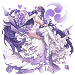 Rule 34 | 1girl, aata1007, alternate costume, bare shoulders, bird, blush, bow, breasts, bug, butterfly, butterfly wings, commentary request, covered navel, crossed legs, crystal, detached sleeves, dress, feathered wings, fingerless gloves, flower, flying, frills, full body, garter straps, genshin impact, gloves, gold trim, hair bow, hair flower, hair ornament, hands up, high heels, highres, insect, insect wings, large breasts, long hair, long sleeves, looking at viewer, mitsudomoe (shape), mole, mole under eye, panties, purple bow, purple butterfly, purple eyes, purple flower, purple footwear, purple hair, purple rose, raiden shogun, rose, shoes, sidelocks, simple background, sitting, solo, teeth, thighhighs, thighs, tomoe (symbol), two-tone footwear, underwear, very long hair, wedding dress, white background, white dress, white footwear, white gloves, white panties, white thighhighs, wide sleeves, wings