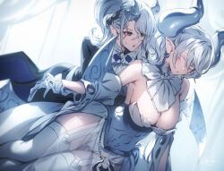Rule 34 | 2girls, arias the labrynth butler, breasts, butler, cleavage, demon girl, demon horns, demon wings, dress, duel monster, female butler, genyaky, gloves, grey eyes, grey hair, horns, large breasts, leotard, leotard under clothes, long hair, lovely labrynth of the silver castle, low wings, monocle, multiple girls, pointy ears, transparent wings, twintails, white hair, white horns, wings, yu-gi-oh!