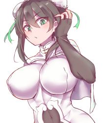 Rule 34 | 1girl, :/, black hair, blush, bodysuit, breasts, bun cover, chinese clothes, closed mouth, covered erect nipples, covered navel, curvy, double bun, fate/grand order, fate (series), female focus, fingerless gloves, frown, gloves, green eyes, green ribbon, hair bun, hand up, highres, large breasts, light blush, looking at viewer, navel, nipples, perky breasts, puffy nipples, qin liangyu (fate), ribbon, sidelocks, simple background, skin tight, solo, standing, togin, white background