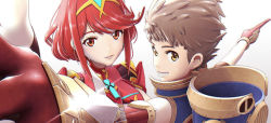 Rule 34 | 1boy, 1girl, brown eyes, brown hair, dancing, hetero, holding hands, jewelry, looking at viewer, monolith soft, official art, pyra (xenoblade), red eyes, red hair, rex (xenoblade), short hair, smile, xenoblade chronicles (series), xenoblade chronicles 2