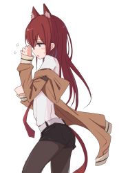 Rule 34 | 1girl, animal ears, ass, black pantyhose, black shorts, blouse, blue eyes, blush, brown hair, cat ears, cat girl, cat tail, commentary request, cowboy shot, dress shirt, embarrassed, highres, jacket, kahlua (artist), pantyhose under shorts, long hair, makise kurisu, necktie, off shoulder, open clothes, open jacket, pantyhose, parted lips, paw pose, profile, red necktie, shirt, short shorts, shorts, simple background, solo, steins;gate, sweat, tail, white background, white shirt