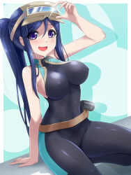 Rule 34 | 1girl, blue hair, blush, bodysuit, breasts, bunji, diving mask, diving mask on head, diving suit, genjitsu no yohane, goggles, goggles on head, high ponytail, highres, kanan (genjitsu no yohane), large breasts, long hair, looking at viewer, love live!, love live! sunshine!!, matsuura kanan, open mouth, ponytail, purple eyes, skin tight, solo, wetsuit