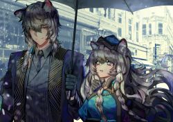 Rule 34 | 1boy, 1girl, a0lp, animal ear fluff, animal ears, arknights, black gloves, blue headwear, braid, brother and sister, building, commentary, gloves, grey eyes, grey jacket, hair between eyes, holding, holding umbrella, jacket, leopard ears, long hair, long sleeves, looking at another, official alternate costume, open mouth, pramanix (arknights), pramanix (caster&#039;s frost) (arknights), siblings, silver hair, silverash (arknights), silverash (york&#039;s bise) (arknights), smile, twin braids, umbrella, upper body