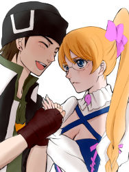 Rule 34 | 10s, 1boy, 1girl, andy w hall, aquarion (series), aquarion evol, beanie, blonde hair, blush, breasts, cleavage, couple, glasses, hat, hetero, mix (aquarion), multicolored hair, ribbon, side ponytail, two-tone hair, yumirin