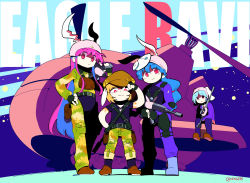 Rule 34 | 4girls, aircraft, animal ears, assault rifle, belt, black gloves, black legwear, black shirt, blonde hair, blue footwear, blue hair, blue pants, blue shirt, boots, brown footwear, brown hat, camouflage, camouflage pants, crescent, fatigues, fingerless gloves, flat cap, floppy ears, gas mask, gloves, gun, hand on headwear, hand on own hip, hat, helicopter, helmet, highres, long hair, looking at viewer, mask, mask on head, moyazou (kitaguni moyashi seizoujo), multiple girls, over shoulder, pants, pink hair, pouch, rabbit ears, red eyes, reisen, reisen udongein inaba, rifle, ringo (touhou), seiran (touhou), shirt, shoes, short hair, sidelocks, sitting, smile, standing, touhou, very long hair, weapon, weapon over shoulder