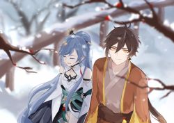 Rule 34 | 1boy, 1girl, :d, absurdres, bare shoulders, black hair, blurry, blurry background, blurry foreground, branch, brown hair, closed mouth, company connection, crossover, dress, earrings, fu hua, fu hua (azure empyrea), genshin impact, hair between eyes, hair ornament, hanaki yuu, highres, honkai (series), honkai impact 3rd, jewelry, long hair, long sleeves, looking at viewer, mihoyo, open mouth, outdoors, ponytail, single earring, smile, snow, snowing, white dress, yellow eyes, zhongli (genshin impact)