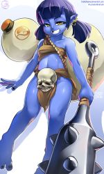 Rule 34 | 1girl, bare arms, bare legs, bare shoulders, barefoot, black nails, blue skin, club (weapon), colored skin, dated, ear piercing, full body, gourd, grin, horns, kanabou, krokobyaka, loincloth, looking at viewer, midriff, missing tooth, monster girl, nail polish, oni, original, piercing, pointy ears, purple hair, short hair, short twintails, signature, skull, slit pupils, smile, solo, teeth, twintails, watermark, weapon, web address, yellow eyes