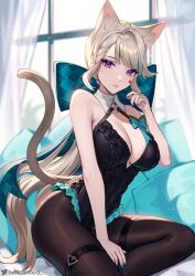 Rule 34 | 1girl, animal ear fluff, animal ears, aqua nails, bare arms, bare shoulders, black leotard, black pantyhose, breasts, cat ears, cat tail, cleavage, commentary, curtains, facial mark, genshin impact, grey hair, helloimtea, highres, indoors, large breasts, leotard, long hair, looking at viewer, lynette (genshin impact), nail polish, pantyhose, purple eyes, sitting, smile, solo, star (symbol), tail, thigh strap, very long hair, window