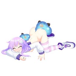 Rule 34 | 1girl, ass, bestiality, between buttocks, blush, bottomless, breasts, choujigen game neptune the animation, closed eyes, d-pad, d-pad hair ornament, dimples of venus, dogoo, dress, full body, hair between eyes, hair ornament, long hair, nepgear, neptune (series), nipples, open mouth, sailor dress, santystuff, small breasts, solo, striped clothes, striped thighhighs, thighhighs, top-down bottom-up, transparent background