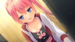 1girl :d black_shirt blue_eyes breasts cleavage collarbone dutch_angle game_cg hair_between_eyes highres jacket kobuichi long_hair long_sleeves looking_at_viewer medium_breasts official_art open_clothes open_jacket open_mouth opening_door ozato_fumika print_shirt red_hair shirt side_ponytail smile solo standing tenshi_souzou_re-boot! upper_body white_jacket