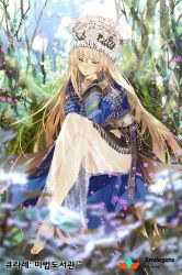 Rule 34 | 1girl, barefoot, blonde hair, feet, forest, hair ornament, head on hand, headdress, crossed legs, long hair, long skirt, looking at viewer, macciatto (aciel02), nature, qurare magic library, see-through, sitting, skirt, traditional clothes, very long hair