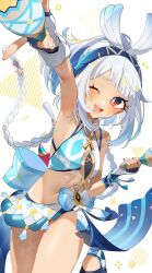 1girl :d armpits blue_hairband braid commentary_request dark-skinned_female dark_skin genshin_impact hairband highres instrument jujube_2513 looking_at_viewer maracas miniskirt mualani_(genshin_impact) navel one_eye_closed open_mouth red_eyes skirt smile solo tan tanline thighs twin_braids white_hair