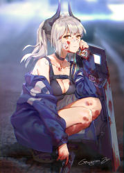 Rule 34 | 1girl, arknights, ballistic shield, bandaid, bandaid on face, bandaid on nose, bare shoulders, black choker, black footwear, blood, blood on clothes, blood on face, blood on hands, blue jacket, breasts, brown eyes, chinese commentary, choker, cleavage, commentary request, franka (arknights), gongxiao zao, gun, hand up, handgun, highres, holding, holding gun, holding weapon, horns, jacket, liskarm (arknights), long hair, long sleeves, looking at viewer, medium breasts, off shoulder, open clothes, open jacket, partial commentary, pistol, ponytail, shield, shoes, silver hair, solo, squatting, weapon