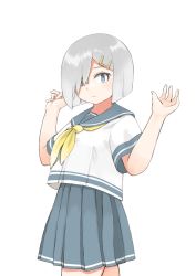 Rule 34 | 1girl, blue eyes, commentary request, cowboy shot, grey sailor collar, grey skirt, hair ornament, hair over one eye, hairclip, hamakaze (kancolle), highres, kantai collection, looking at viewer, neckerchief, pleated skirt, sailor collar, school uniform, serafuku, short hair, short sleeves, simple background, skirt, solo, toplow, white background, white hair, yellow neckerchief