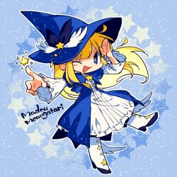 Rule 34 | 1girl, ;d, arm up, blonde hair, blue background, blue dress, blue eyes, blue hat, boots, circle, commentary request, dated commentary, dress, frilled dress, frills, hands up, hat, layered sleeves, long hair, long sleeves, looking at viewer, lowres, madou monogatari, one eye closed, open mouth, puffy short sleeves, puffy sleeves, puyopuyo, rakuni, romaji text, salute, short sleeves, smile, solo, star (symbol), starry background, white dress, white footwear, white wings, wide sleeves, wings, witch (puyopuyo), witch hat, yellow pupils