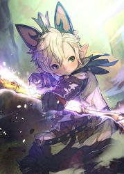 Rule 34 | 1boy, animal ears, warrior of light (ff14), belt, black gloves, blonde hair, bow (weapon), closed mouth, commentary request, commission, dust, fake animal ears, final fantasy, final fantasy xiv, freckles, frown, gloves, green eyes, hide (hideout), highres, holding, holding bow (weapon), holding weapon, lalafell, male focus, pointy ears, rabbit ears, short hair, skeb commission, solo, weapon