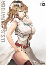 Rule 34 | 10s, 1girl, anchor, artist name, belt, blouse, blue eyes, breasts, brown hair, bursting breasts, character name, cleavage, dress, english text, eyebrows, f4f wildcat, finger to mouth, hiroki ree, kantai collection, large breasts, long hair, looking at viewer, neckerchief, ponytail, saratoga (kancolle), shirt, signature, simple background, smile, solo, tawawa challenge, thighhighs, thighs, uniform, white background, white dress