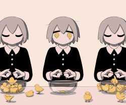 Rule 34 | 3boys, absurdres, avogado6, back, bird, black eyes, black shirt, bowl, buttons, chick, closed eyes, closed mouth, collared shirt, commentary request, crying, egg, falling, food, grey hair, hair between eyes, hands up, highres, holding, holding egg, holding food, long sleeves, looking at another, looking down, looking to the side, multiple boys, no mouth, open mouth, original, shadow, shirt, short hair, simple background, sitting, standing, table, tears, walking, wide sleeves, wing collar, wings, yellow background, yellow eyes, yellow fur