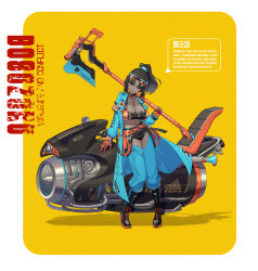 Rule 34 | 1girl, axe, black hair, boots, breasts, chaps, dark-skinned female, dark skin, full body, fysc, highres, holding, holding axe, holding weapon, hover bike, large breasts, long coat, looking at viewer, midriff, original, over shoulder, ponytail, purple eyes, science fiction, shadow, smile, solo, standing, weapon, weapon over shoulder, yellow background
