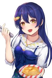 Rule 34 | 1girl, artist name, artist request, blue dress, blue hair, blue skirt, blush, breasts, collarbone, dress, female focus, flower print, frilled dress, frills, hair between eyes, hair ornament, hairclip, highres, holding, long hair, looking at viewer, love live!, love live! school idol project, parted lips, shuzuta, skirt, small breasts, smile, solo, sonoda umi, star (symbol), star hair ornament, white background, white dress, yellow eyes