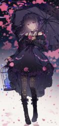 Rule 34 | 1girl, absurdres, birdcage, black dress, black footwear, black hair, black pantyhose, boots, cage, commission, cross-laced footwear, curly hair, dress, dress flower, flower, full body, gothic lolita, gradient background, highres, holding, holding umbrella, lace-up boots, lolita fashion, long hair, open mouth, original, pantyhose, pixiv commission, purple eyes, qianqianjie, rose, solo, standing, umbrella