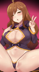 Rule 34 | 1girl, ahoge, anus, anus peek, ass, blush, breasts, brown eyes, brown hair, cameltoe, center opening, cleavage, cleft of venus, clitoris slip, collarbone, commentary, covered erect nipples, gradient background, half-closed eyes, hand on own chest, highres, kono subarashii sekai ni shukufuku wo!, large breasts, long hair, long sleeves, looking at viewer, micro panties, navel, nt00, open mouth, panties, partially visible vulva, pink background, pussy, pussy peek, revision, robe, sitting, solo, spread legs, stomach, thighs, underwear, v, wiz (konosuba)