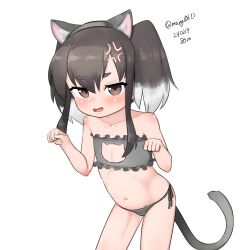 Rule 34 | 1girl, absurdres, alternate costume, anger vein, animal ears, animal hands, black hair, bra, brown eyes, cat cutout, cat ear panties, cat ears, cat lingerie, cat tail, cleavage cutout, clothing cutout, frilled bra, frills, gloves, gradient hair, grey bra, grey panties, highres, kantai collection, maru (marg0613), meme attire, multicolored hair, one-hour drawing challenge, panties, paw gloves, short hair, short hair with long locks, side-tie panties, simple background, solo, tail, thick eyebrows, tokitsukaze (kancolle), twintails, underwear, underwear only, white background