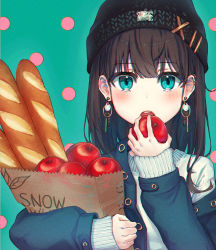 Rule 34 | 1girl, :o, apple, aqua background, aqua eyes, bag, baguette, beanie, black hat, blue jacket, blunt bangs, blush, bread, brown hair, commentary request, denim, denim jacket, ear piercing, earrings, eating, food, fruit, hat, holding, holding bag, holding food, holding fruit, jacket, jewelry, long hair, long sleeves, looking at viewer, off shoulder, open clothes, open jacket, open mouth, original, piercing, polka dot, polka dot background, rangu, sleeves past wrists, smiley face, solo, sweater, tareme, teeth, upper body, upper teeth only, white sweater