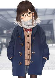 Rule 34 | 1girl, beige cardigan, black pantyhose, blue jacket, blue skirt, blurry, blurry background, blush, bow, bowtie, brown eyes, brown hair, building, cardigan, closed mouth, diagonal-striped bow, diagonal-striped bowtie, diagonal-striped clothes, dress shirt, glasses, grey scarf, highres, jacket, long hair, long sleeves, looking at viewer, mole, mole under eye, original, outdoors, pantyhose, plaid, plaid bow, plaid bowtie, pleated skirt, red bow, red bowtie, saitou (lynx-shrike), scarf, school uniform, shirt, skirt, solo, standing, striped clothes, white shirt