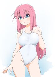 Rule 34 | 1girl, absurdres, blue eyes, blush, bocchi the rock!, breasts, cleavage, collarbone, covered erect nipples, covered navel, cowboy shot, cube hair ornament, gotoh hitori, hair ornament, hair over eyes, highres, large breasts, long hair, one-piece swimsuit, one side up, pink hair, simple background, solo, standing, swimsuit, usazirou539, white background, white one-piece swimsuit