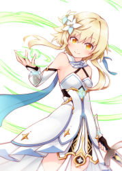 Rule 34 | 1girl, bare shoulders, black gloves, blonde hair, breasts, brown eyes, closed mouth, commentary request, dress, flower, genshin impact, gloves, hair between eyes, hair flower, hair ornament, harada (sansei rain), highres, holding, holding sword, holding weapon, long hair, looking at viewer, lumine (genshin impact), partially fingerless gloves, sidelocks, simple background, small breasts, smile, solo, standing, sword, thighhighs, vambraces, weapon, white background, white dress, white flower, white thighhighs