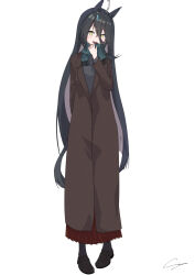 Rule 34 | 1girl, ahoge, animal ears, black hair, brown coat, brown footwear, ci4, coat, earrings, full body, green scarf, highres, horse ears, horse girl, horse tail, jewelry, loafers, long hair, long skirt, looking at viewer, manhattan cafe (umamusume), multicolored hair, open mouth, red skirt, scarf, shoes, simple background, single earring, skirt, solo, standing, tail, two-tone hair, umamusume, very long hair, white background, white hair