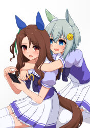 Rule 34 | 2girls, absurdres, blue eyes, blush, bow, commentary request, ear bow, ear covers, green bow, grey hair, hair between eyes, hair ornament, hairclip, highres, hug, king halo (umamusume), lexis yayoi, long hair, multiple girls, open mouth, petticoat, pleated skirt, puffy short sleeves, puffy sleeves, purple bow, purple shirt, red eyes, sailor collar, school uniform, seiun sky (umamusume), shirt, short sleeves, simple background, single ear cover, sitting, skirt, summer uniform, tracen school uniform, umamusume, white background, white skirt