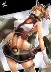 Rule 34 | 10s, 1girl, breasts, brown hair, chain, gloves, green eyes, kantai collection, large breasts, mutsu (kancolle), navel, solo, sowel (sk3), stomach
