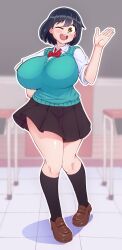 Rule 34 | 1girl, ;d, absurdres, aqua vest, black skirt, black socks, blue hair, blush, borrowed character, bow, bowtie, breasts, brown eyes, brown footwear, classroom, commentary, desk, english commentary, full body, hand on own hip, highres, huge breasts, indoors, kinoshita kanae, kneehighs, lectern, looking at viewer, masked agent, ogawa misaki, one eye closed, open mouth, original, pleated skirt, red bow, red bowtie, school desk, school uniform, shirt, shoes, short hair, short sleeves, skirt, smile, socks, solo, standing, teeth, upper teeth only, waving, white shirt