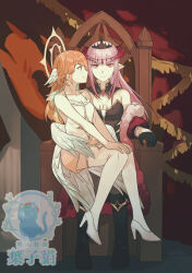 Rule 34 | 2girls, alternate costume, blunt bangs, breasts, cleavage, couple, dress, earrings, feather earrings, feathers, hololive, hololive english, jewelry, large breasts, lisa159878, long hair, looking at viewer, mori calliope, multicolored hair, multiple girls, orange hair, pink hair, red eyes, sitting, sitting on person, smile, spikes, straight hair, takanashi kiara, tiara, virtual youtuber, watermark, yuri