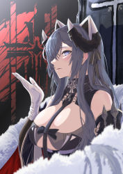 Rule 34 | 1girl, absurdres, august von parseval (azur lane), azur lane, bare shoulders, black hair, breasts, curled horns, from side, fur trim, gloves, hair over one eye, highres, horns, iron blood (emblem), large breasts, long hair, looking at viewer, mechanical horns, purple eyes, solo, taiju (gr09kuma), upper body, white gloves, wide sleeves