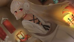 Rule 34 | 10s, 1girl, altera (fate), altera the santa (fate), alternate costume, blush, dress, earmuffs, fate/extella, fate/extra, fate/grand order, fate (series), feet out of frame, fireplace, furnace, head tilt, headdress, highres, jewelry, lamp, long sleeves, looking at viewer, nail polish, open mouth, parted lips, red eyes, room, sebire, short hair, solo, tagme, tan, white dress, white hair