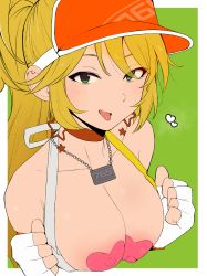 Rule 34 | 1girl, :d, areola slip, bad id, bad pixiv id, bare shoulders, blonde hair, blush, breasts, choker, cleavage, covered erect nipples, flower, gloves, green eyes, hat, heart pasties, hoshii miki, idolmaster, idolmaster (classic), idolmaster million live!, irogomi, jewelry, large breasts, long hair, looking at viewer, necklace, open mouth, pasties, smile, solo, tongue, tongue out, visor cap, white gloves