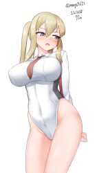 Rule 34 | absurdres, adapted costume, arms behind back, blonde hair, blush, breasts, cowboy shot, cross, dated, embarrassed, graf zeppelin (kancolle), grey eyes, hair between eyes, highres, impossible clothes, iron cross, kantai collection, large breasts, leotard, long sleeves, maru (marg0613), necktie, open mouth, red necktie, sidelocks, twintails, twitter username, white leotard