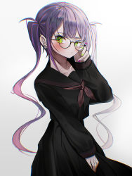 Rule 34 | 1girl, black-framed eyewear, black sailor collar, black serafuku, black shirt, black skirt, blush, brown neckerchief, closed mouth, commentary request, glasses, gradient background, green eyes, green nails, grey background, hand up, highres, hiroikara (smhong04), hololive, long hair, long sleeves, looking at viewer, multicolored hair, multicolored nails, nail polish, neckerchief, pleated skirt, puffy long sleeves, puffy sleeves, purple hair, purple nails, round eyewear, sailor collar, school uniform, serafuku, shirt, skirt, sleeves past wrists, solo, streaked hair, tokoyami towa, twintails, very long hair, virtual youtuber, white background