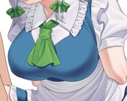 Rule 34 | 1girl, apron, ascot, blue dress, breast focus, breasts, collared shirt, commentary request, dress, frilled dress, frilled shirt collar, frills, green ascot, green ribbon, grey hair, guumin, hair ribbon, head out of frame, izayoi sakuya, large breasts, puffy short sleeves, puffy sleeves, ribbon, shirt, short sleeves, solo, touhou, white apron, white shirt